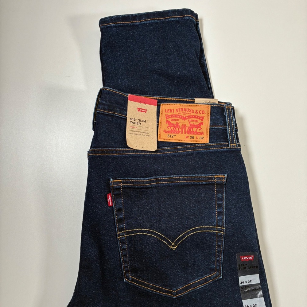 NEW Levi's 512 Slim Taper Jeans 36x32 Dark Indigo‎ Blue Stretch Denim